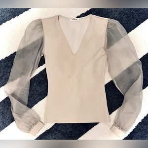 SAMANTHA ENG || Ribbed V-Neck / Sheer Bishop Sleeve Blouse in Sand - SZ Small